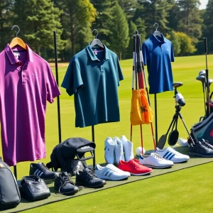 Stylish new golf gear including shirts, clubs, and accessories displayed on a golf course.