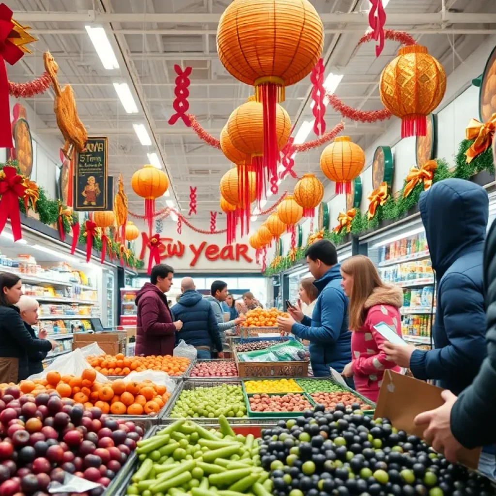 Shoppers in a grocery store preparing for New Year's celebrations