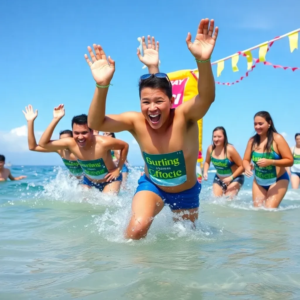 Participants diving into the ocean at Horry County's New Year's Plunge