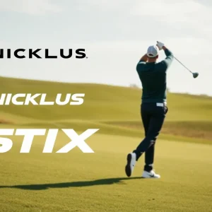 Golf clubs from Nicklaus and Stix Golf on a golf course.