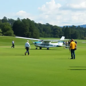 A small aircraft has crash-landed on a golf course among golfers.