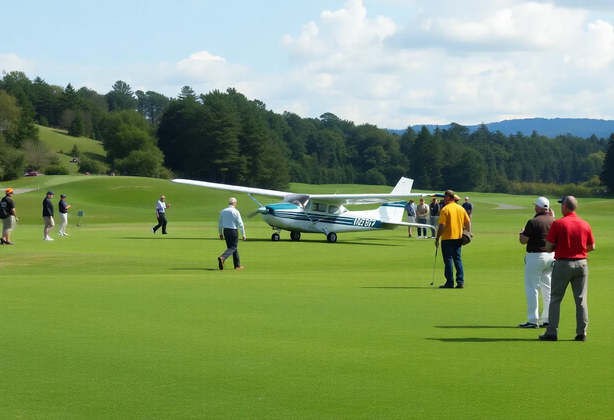 A small aircraft has crash-landed on a golf course among golfers.