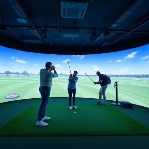 Players enjoying realistic indoor golf simulation