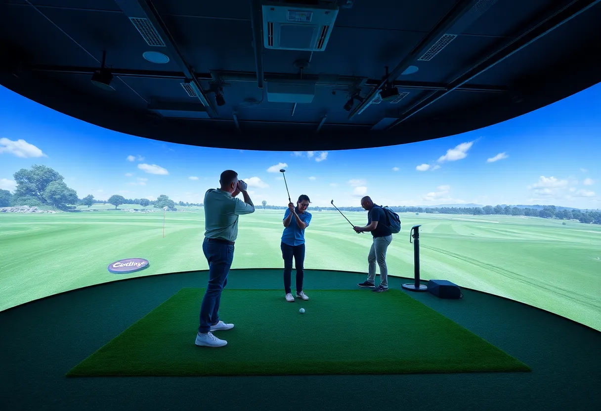 Players enjoying realistic indoor golf simulation