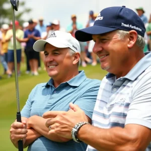 A father and son celebrating after a successful golf shot at the PNC Championship.