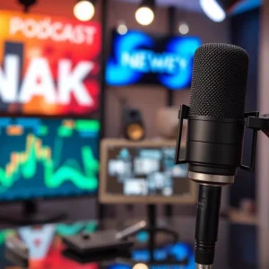 Modern podcasting studio with microphone and sound equipment