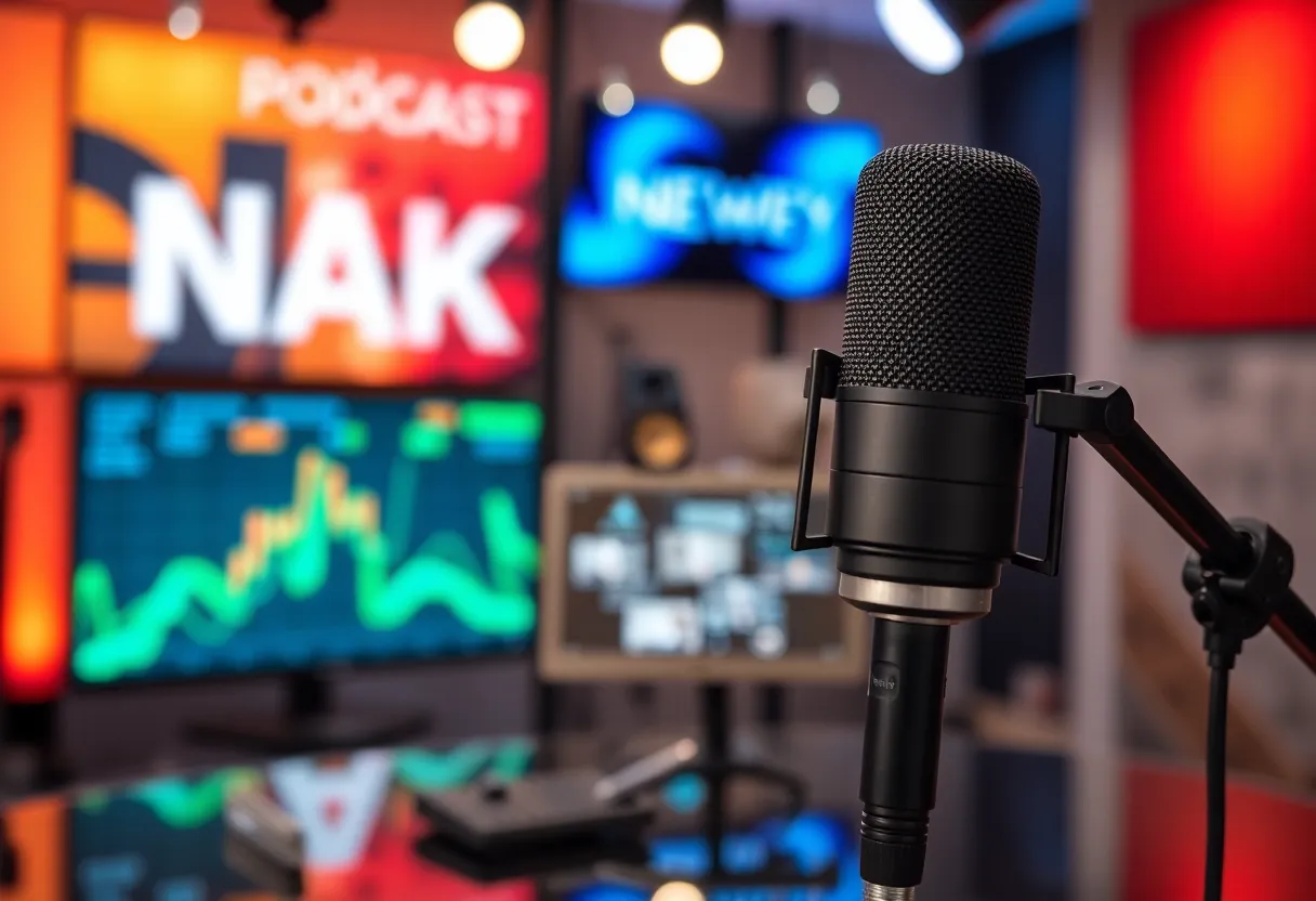 Modern podcasting studio with microphone and sound equipment