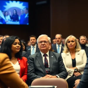 A group of people in a conference discussing legal matters.