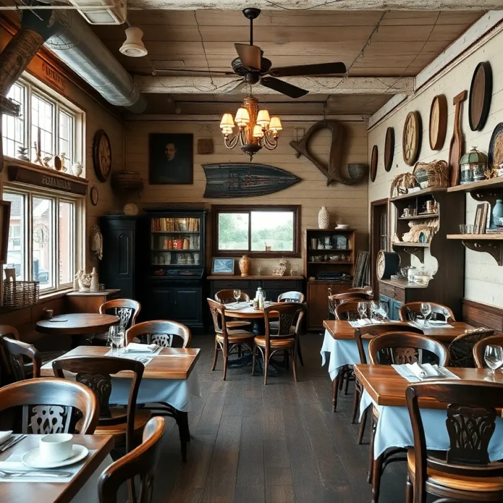 Interior of Preston's Seafood & Country Buffet showcasing antiques and dining tables.