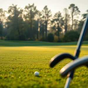 Serene morning view of a golf course with early sunlight