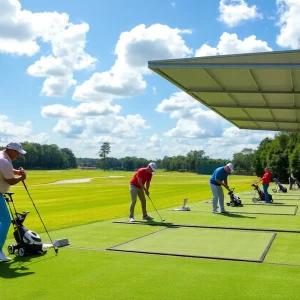 Golfers practicing at the new driving range in Saddlebrook Resort