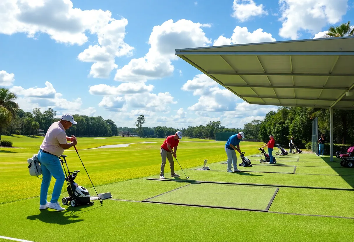 Golfers practicing at the new driving range in Saddlebrook Resort