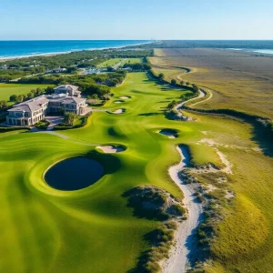 Aerial view of Seminole Golf Club, Juno Beach, highlighting lush greens and dunes