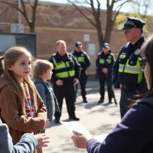 School community discussing safety measures with police presence