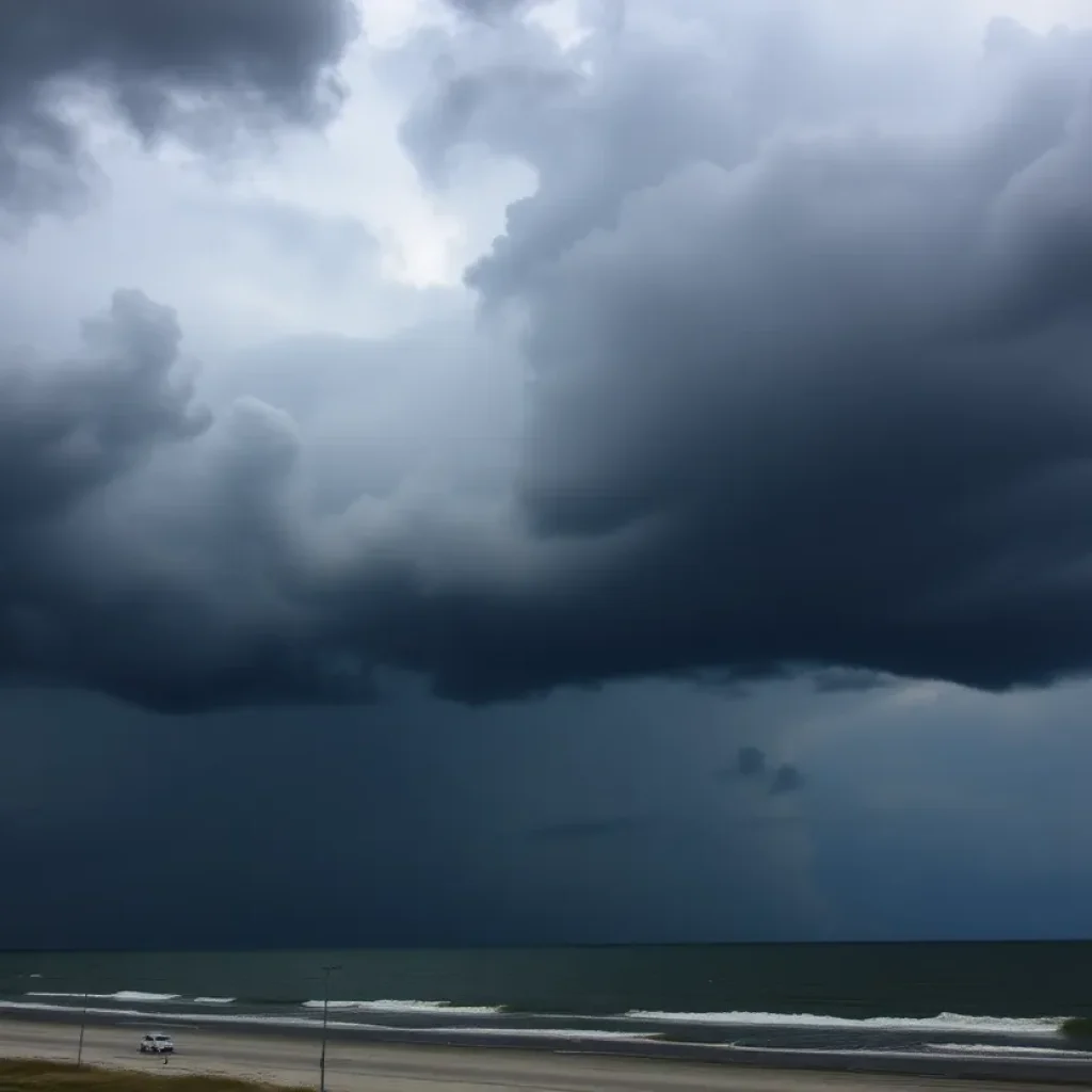 Dark clouds and rain in Myrtle Beach signaling a storm.