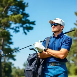 A golfer wearing fashionable golf apparel and using modern golf equipment on the course.