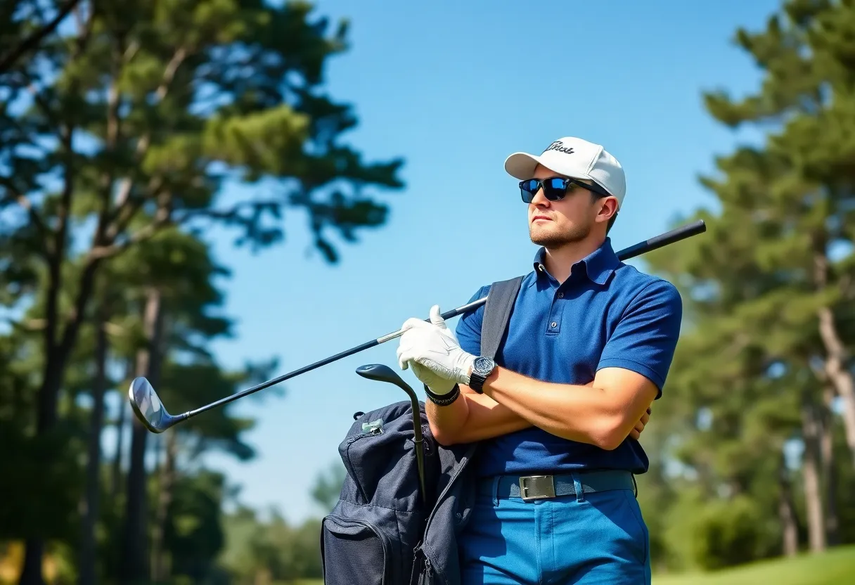 A golfer wearing fashionable golf apparel and using modern golf equipment on the course.