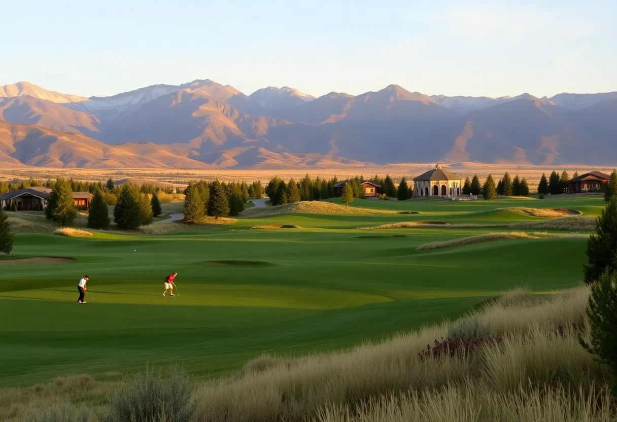 A picturesque view of The Club at Cordillera golf course in Edwards, Colorado, with golfers on the fairway.