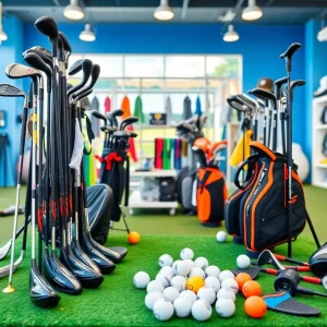 Display of entry-level golf equipment at Topgolf Shop