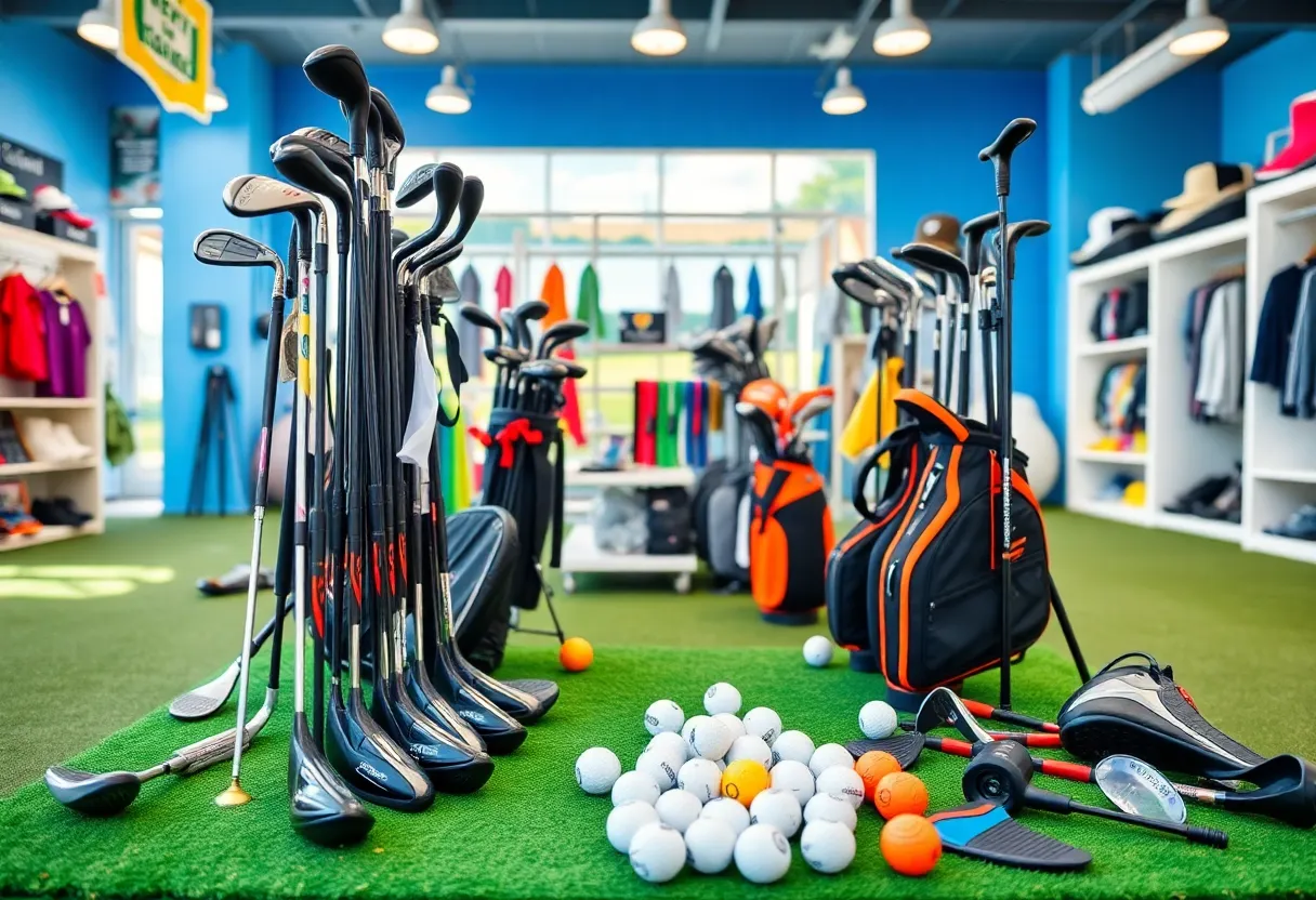 Display of entry-level golf equipment at Topgolf Shop