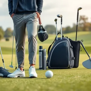 Modern golf equipment and stylish clothing displayed on a golf course