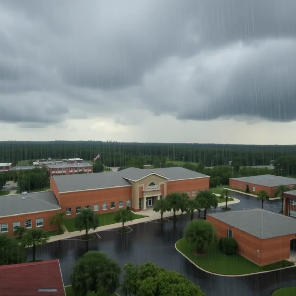 Aerial view of schools and cloudy skies during Tropical Storm.