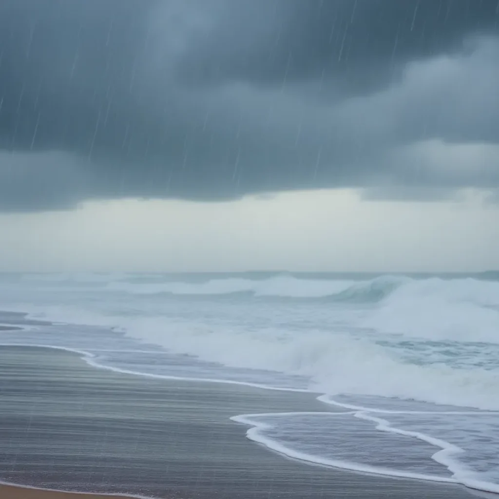 A stormy beach scene with cloudy skies and waves indicating an approaching storm.