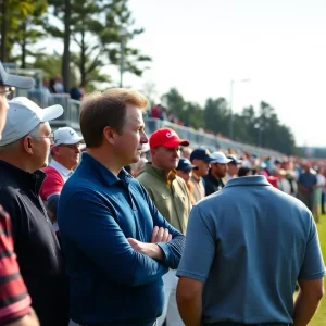 Spectators discussing a hairstyle change at a golf club event.