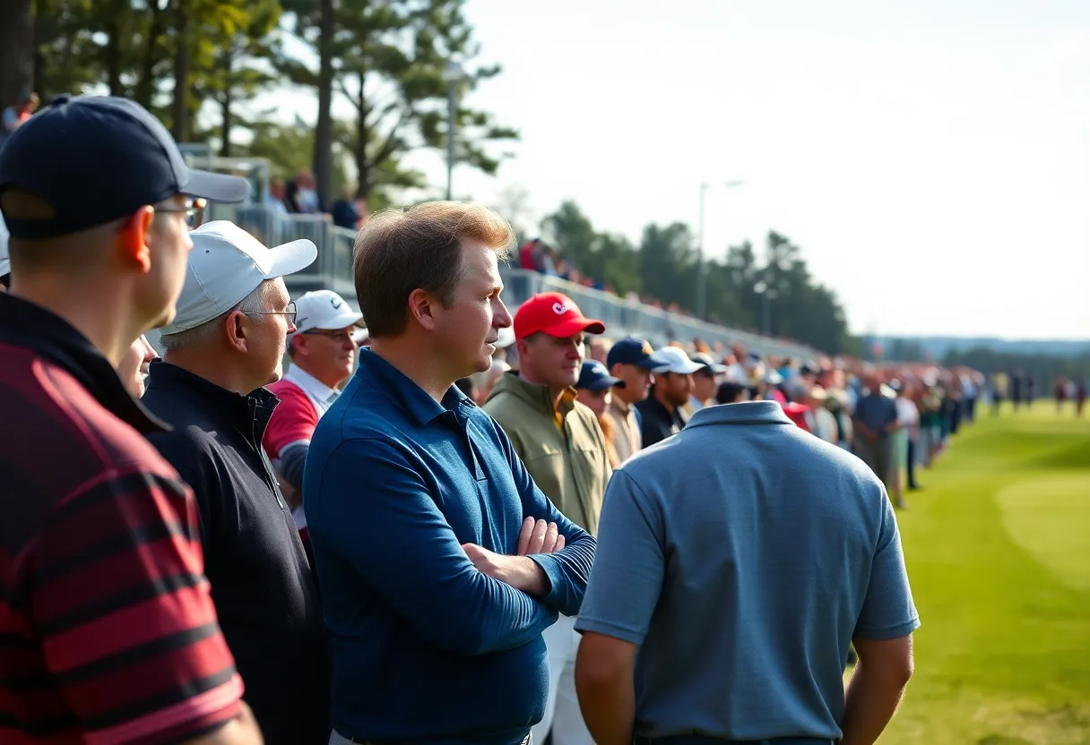 Spectators discussing a hairstyle change at a golf club event.