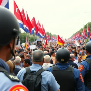 Large crowd at a political rally with security presence