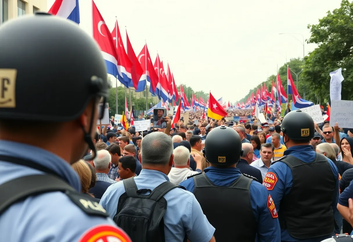 Large crowd at a political rally with security presence