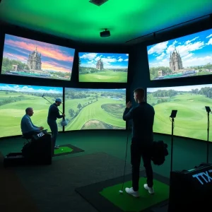 A group of friends enjoying a virtual golf simulator