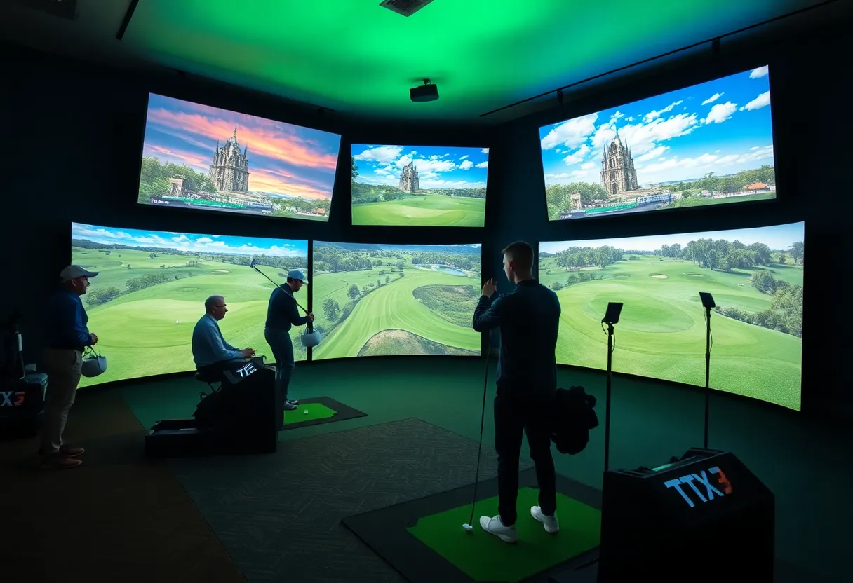 A group of friends enjoying a virtual golf simulator