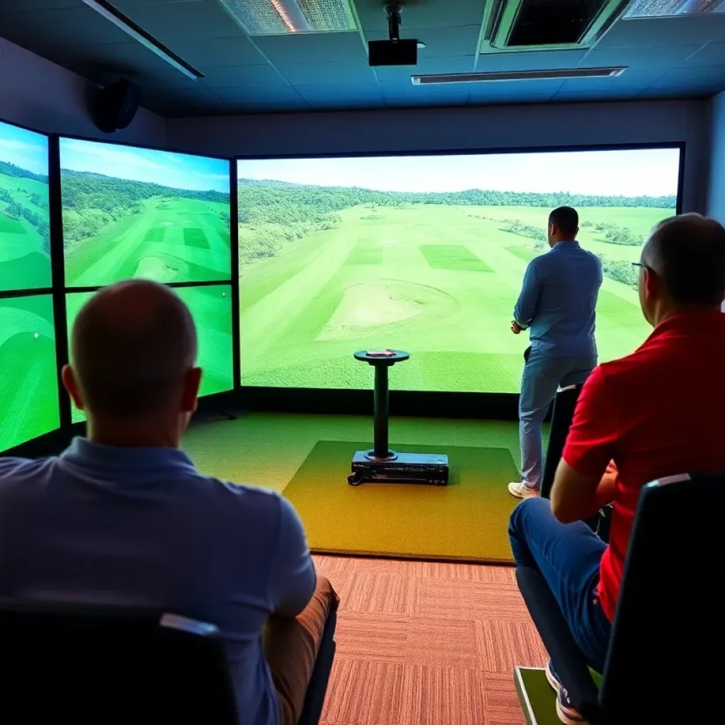 Group of friends enjoying virtual golf simulators indoors