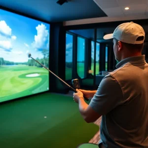 Golfer playing on a virtual golf simulator