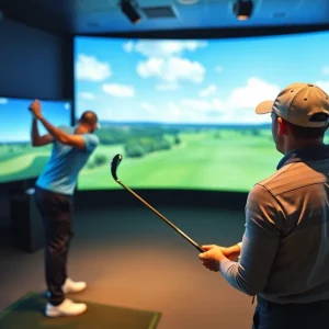 Golfer in front of a virtual golf simulator.