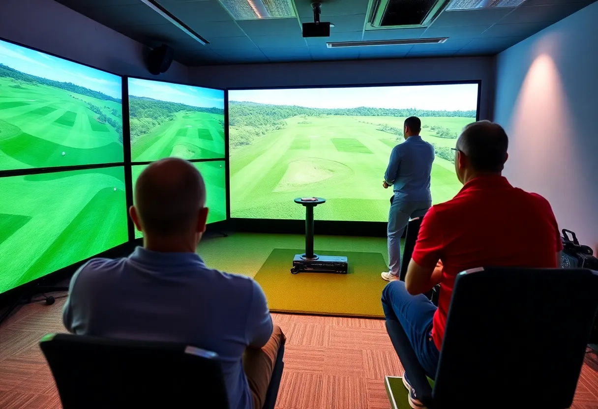 Golfer playing on a virtual golf simulator