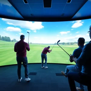 Group of friends playing virtual golf inside a simulator.