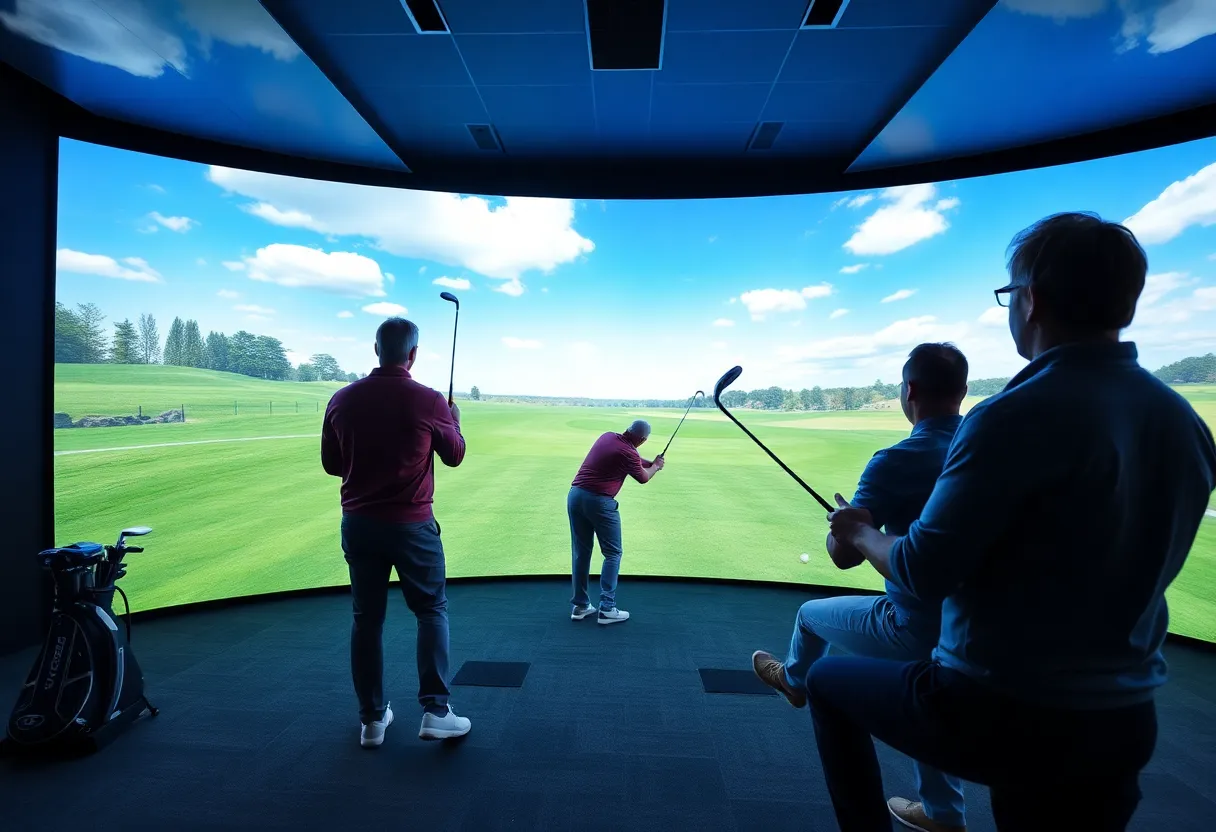 Group of friends playing virtual golf inside a simulator.