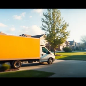 Delivery truck in a suburban driveway