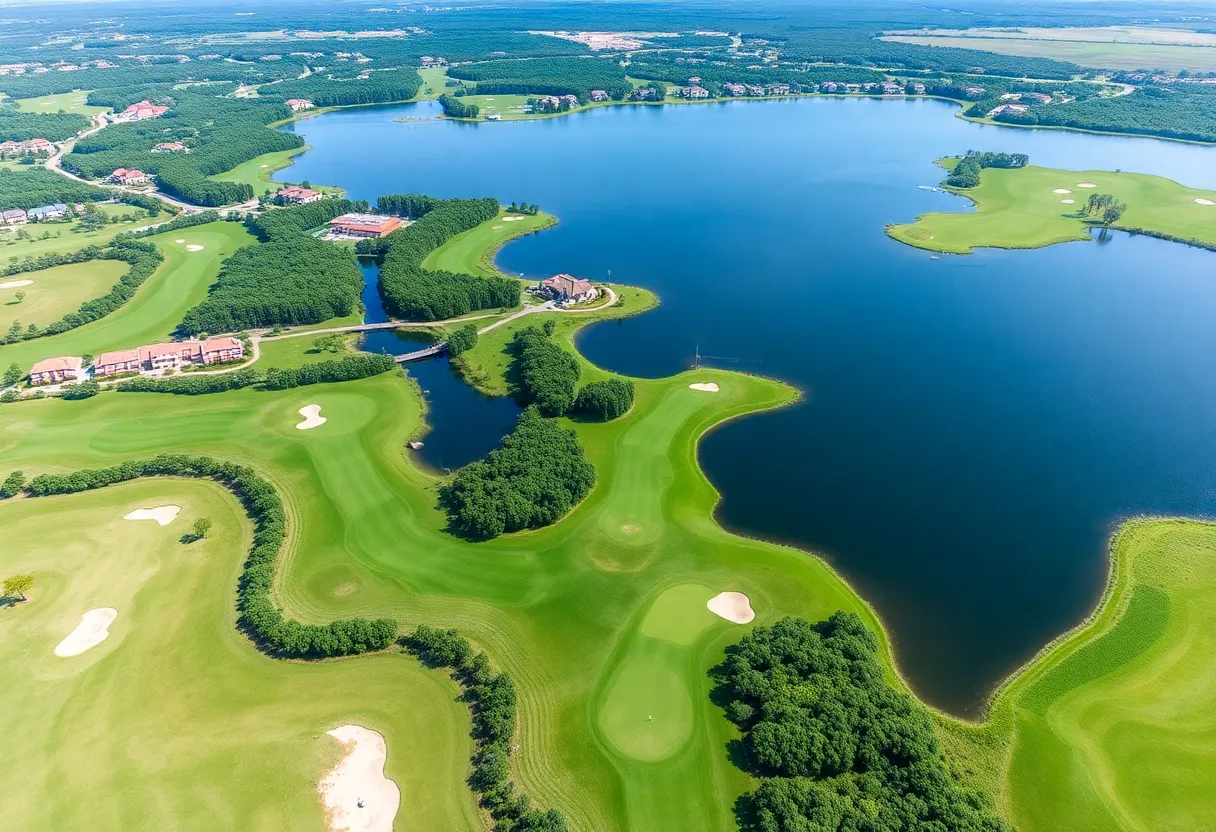 Aerial view of Webbs Reserve Golf Club showcasing its lush landscape and water features.