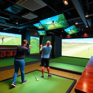 Indoor golf simulator at X-Golf in West Palm Beach with golfers enjoying their game.