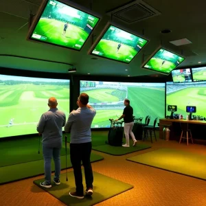 Interior view of X-Golf Indoor Golf Simulator with patrons playing golf