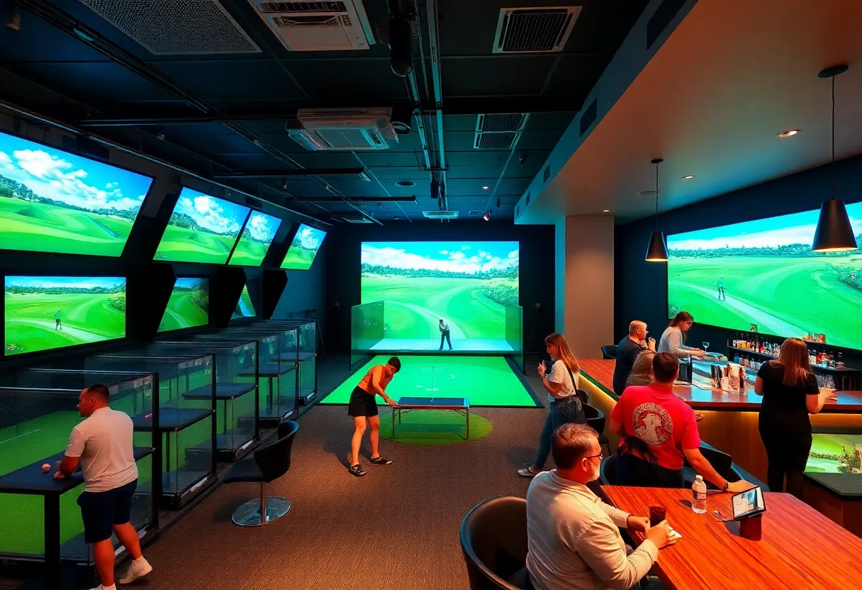 Interior of X-Golf showcasing golf simulators and bar area filled with customers.