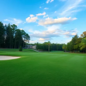Close up of a beautiful golf course showcasing its lush greens and scenic surroundings.
