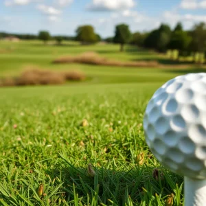 Close-up of a beautiful golf course with lush greenery.