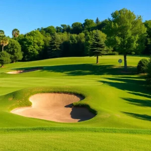 Close-up of a beautiful golf course with vibrant green grass and well-kept fairways.