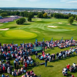 Crowd gathered at the 2025 American Express PGA Tour Event with golf courses in the background.