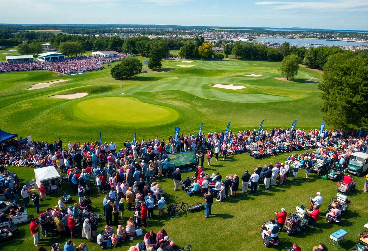 Crowd gathered at the 2025 American Express PGA Tour Event with golf courses in the background.