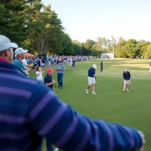 Golfers practicing at the Augusta National Golf Club in preparation for the 2025 Masters Tournament